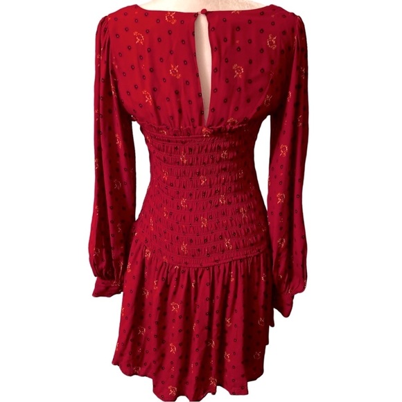 Free People Two Faces Mini Dress ruby red floral smocked long sleeve XS boho - Picture 10 of 16